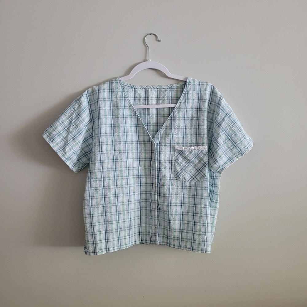 Pastel Blue Plaid Button Up Blouse